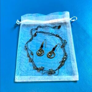 Black, Gunmetal & Silver Jewelry Set, adjustable necklace with pierced earrings